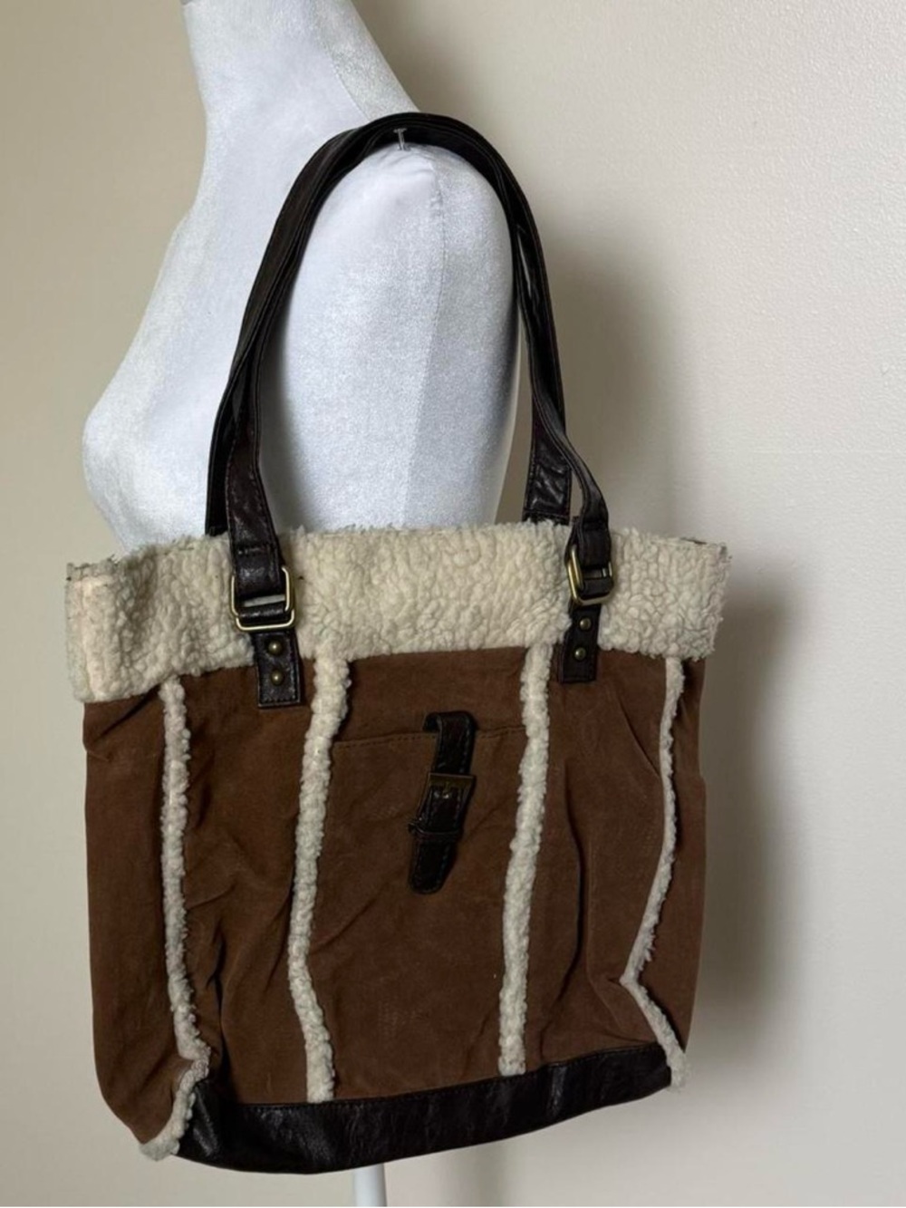 Faux Shearling Trim Brown Suede Tote Bag